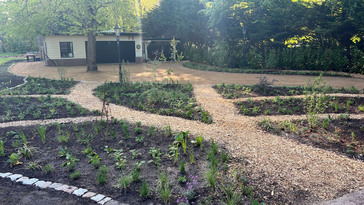 Tuinontwerp door Jorinde Kuiper met paden en planten in een groene tuin.