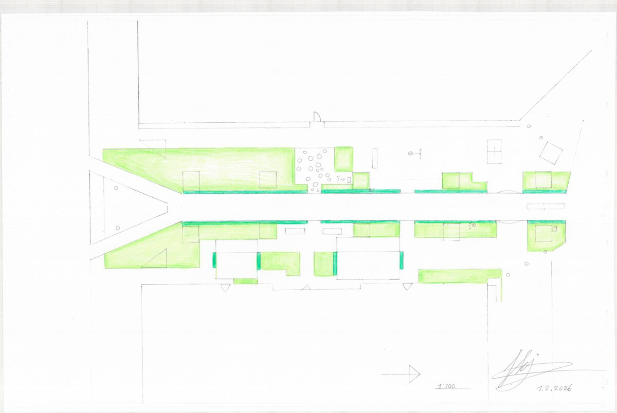 Architectuurtekening door Jorinde Kuiper met groen en blauw details.